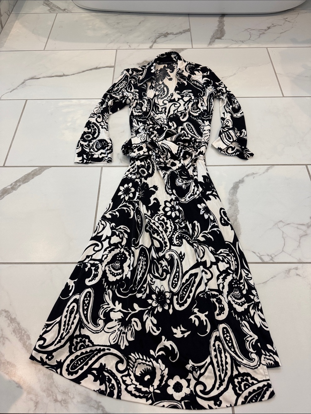 INC International Concepts Black and White Paisley Wrap Maxi Dress